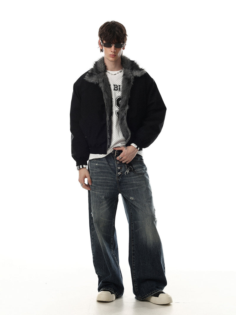 Faux Fur Collar Padded Bomber Jacket – Oversized Flight Jacket