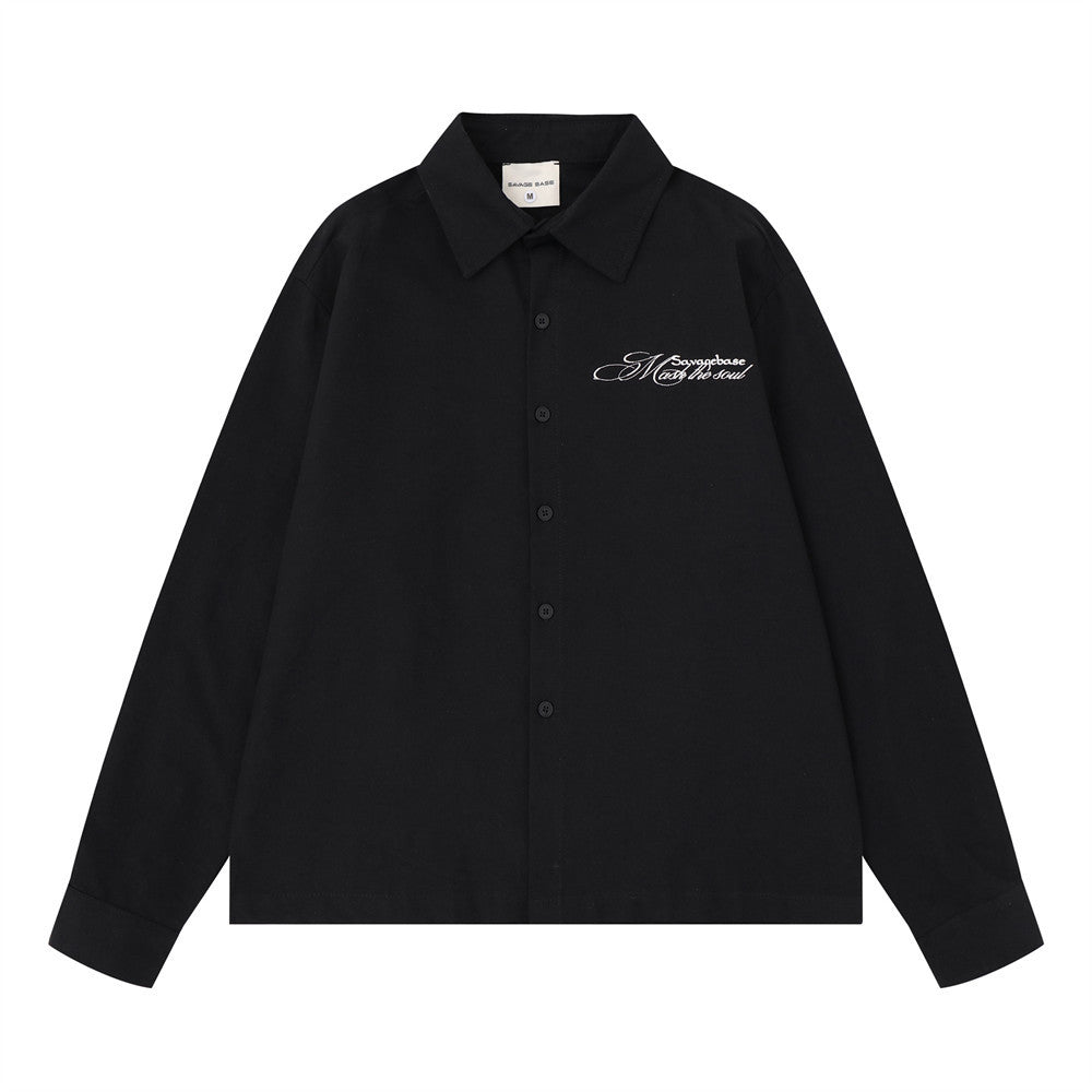 Savagebase oversized long sleeve button-up shirt with abstract face print on back, shown in black and white