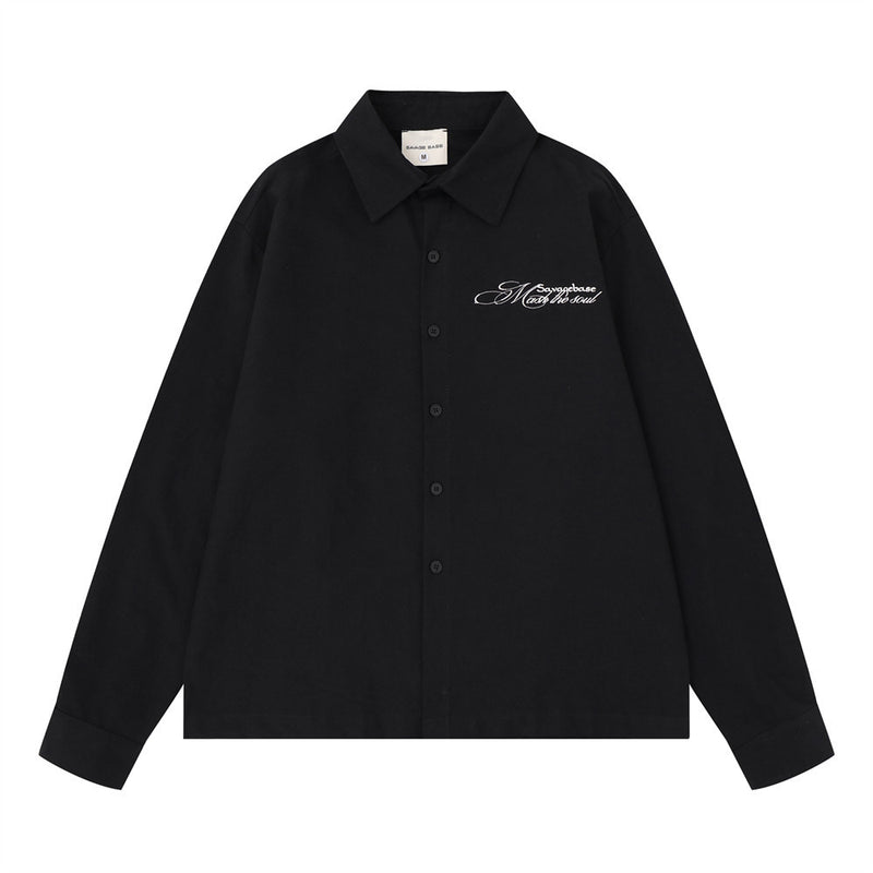 Savagebase oversized long sleeve button-up shirt with abstract face print on back, shown in black and white