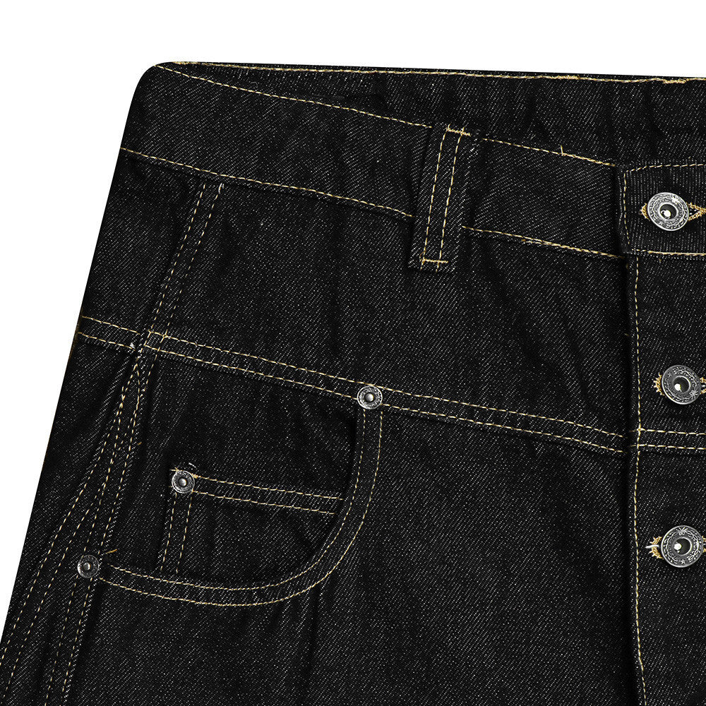 Men's Raw Black Denim Wide-Leg Jeans – Deconstructed Button Fly & Diagonal Seam