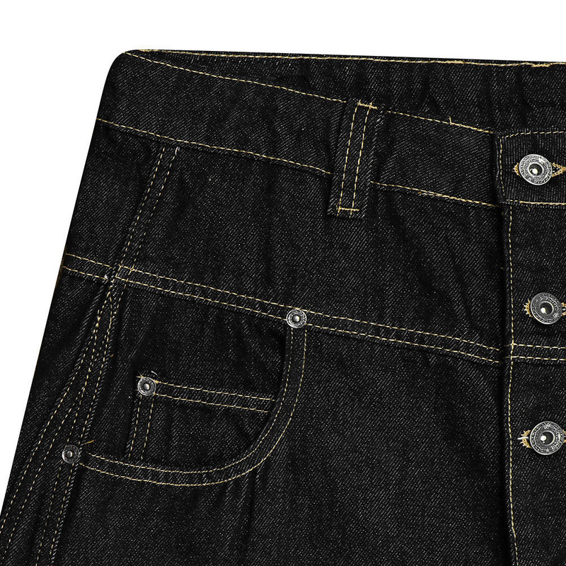 Men's Raw Black Denim Wide-Leg Jeans – Deconstructed Button Fly & Diagonal Seam