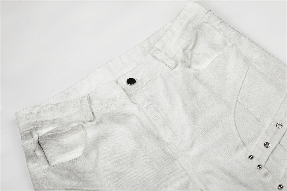 Men's Bell Bottom Jeans with Gothic Harness Straps, Metal Eyelets & Ribbon