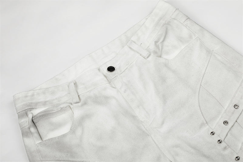 Men's Bell Bottom Jeans with Gothic Harness Straps, Metal Eyelets & Ribbon