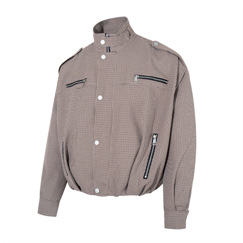 Veste oversize à col montant en pied-de-poule – Manteau streetwear à poches zippées multiples