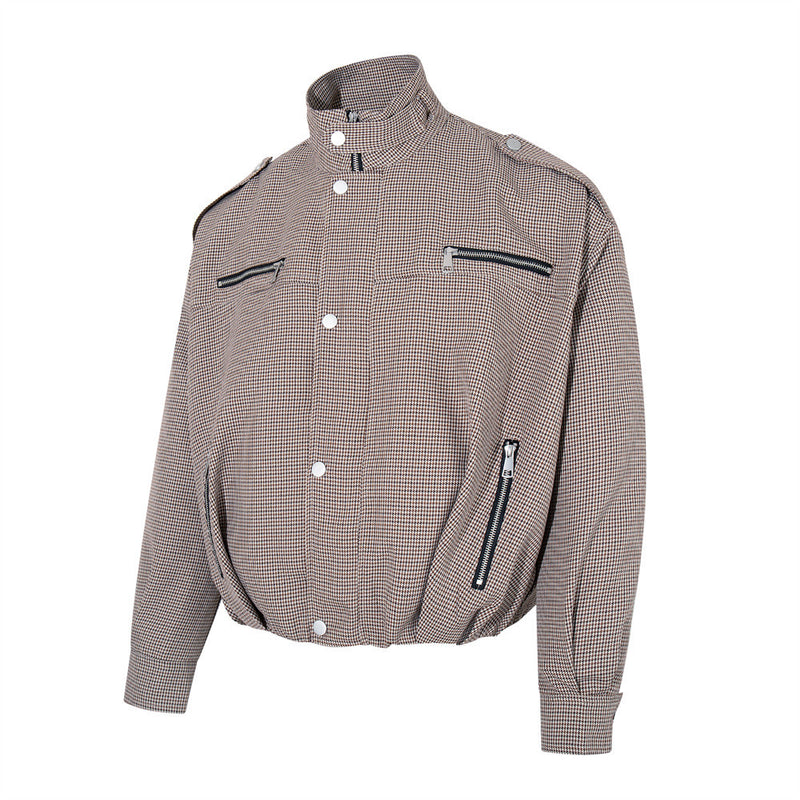Veste oversize à col montant en pied-de-poule – Manteau streetwear à poches zippées multiples