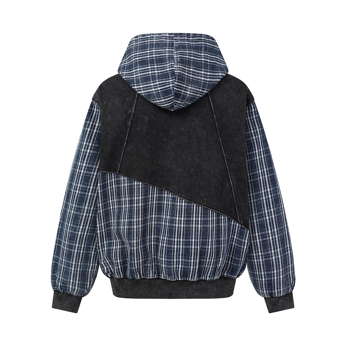 Sudadera con capucha y cremallera de patchwork de cuadros — Chaqueta extragrande de felpa y franela lavadas