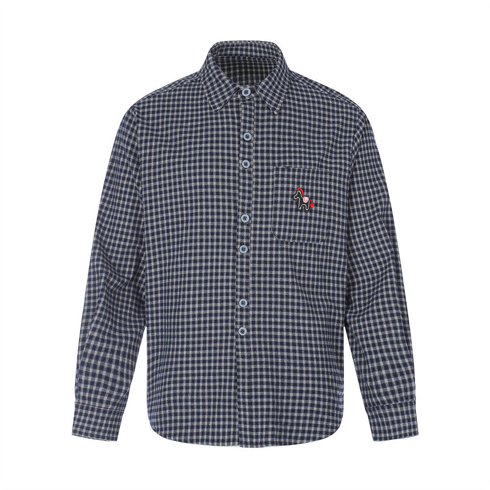 Men's Plaid Flannel Oversized Button-Down Shirt with Embroidered Pocket Patch