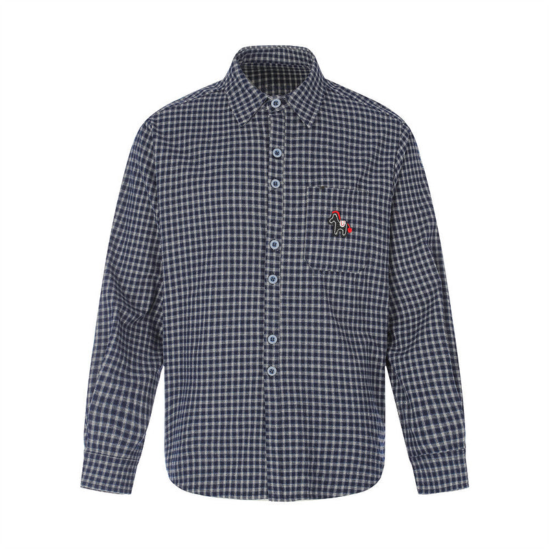 Men's Plaid Flannel Oversized Button-Down Shirt with Embroidered Pocket Patch