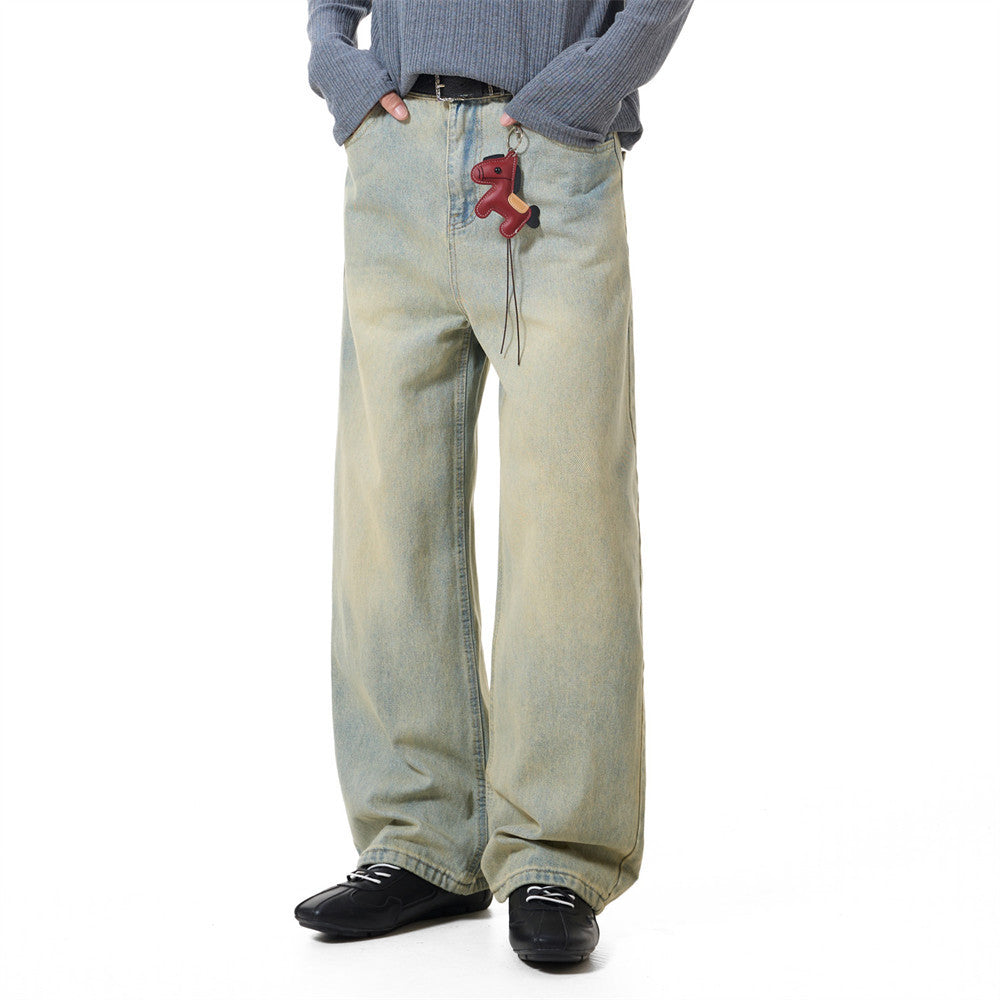 Men's Vintage Washed Wide-Leg Jeans – Relaxed Straight Fit with Horse Charm