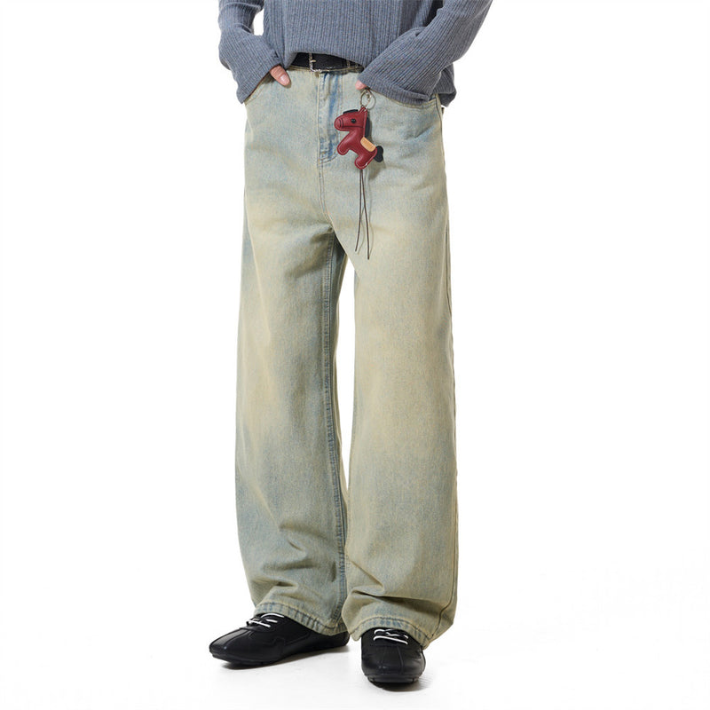 Men's Vintage Washed Wide-Leg Jeans – Relaxed Straight Fit with Horse Charm