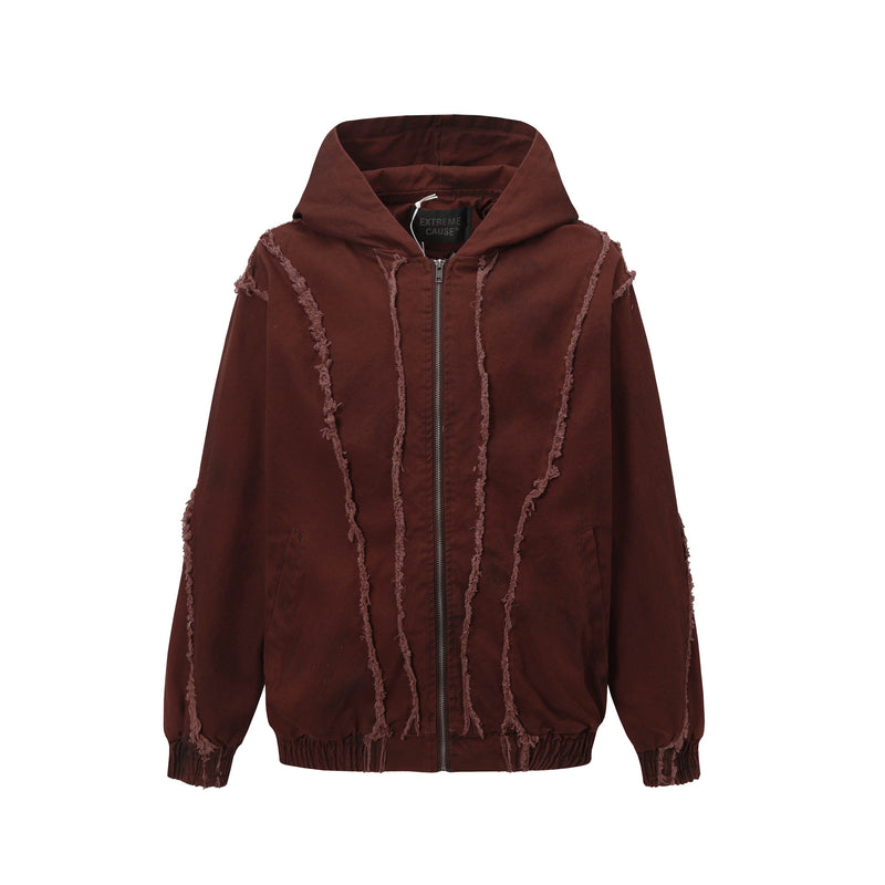 Men's Washed Distressed Zip-Up Hooded Jacket with Raw-Edge Patchwork