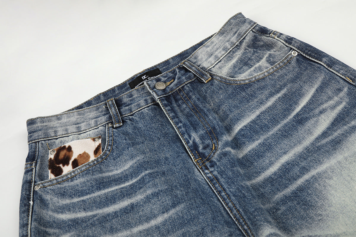 Jean baggy taille mi-haute – Denim délavé à jambes larges avec patchwork étoilé effet vache