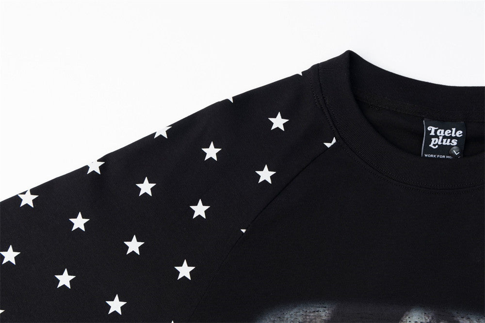 T-shirt noir à manches longues raglan, imprimé étoile – T-shirt homme graphique hip-hop