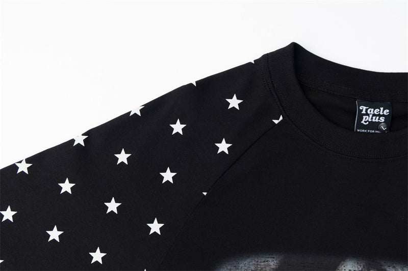 T-shirt noir à manches longues raglan, imprimé étoile – T-shirt homme graphique hip-hop