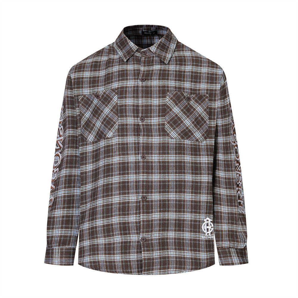 Plaid Long Sleeve Button-Up Shirt with Gothic Letter Embroidery