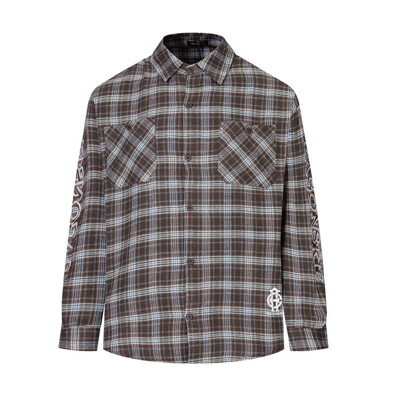 Plaid Long Sleeve Button-Up Shirt with Gothic Letter Embroidery