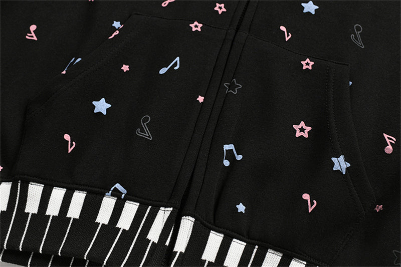 Cat Ear Zip-Up Hoodie with All-Over Music Note & Cartoon Print