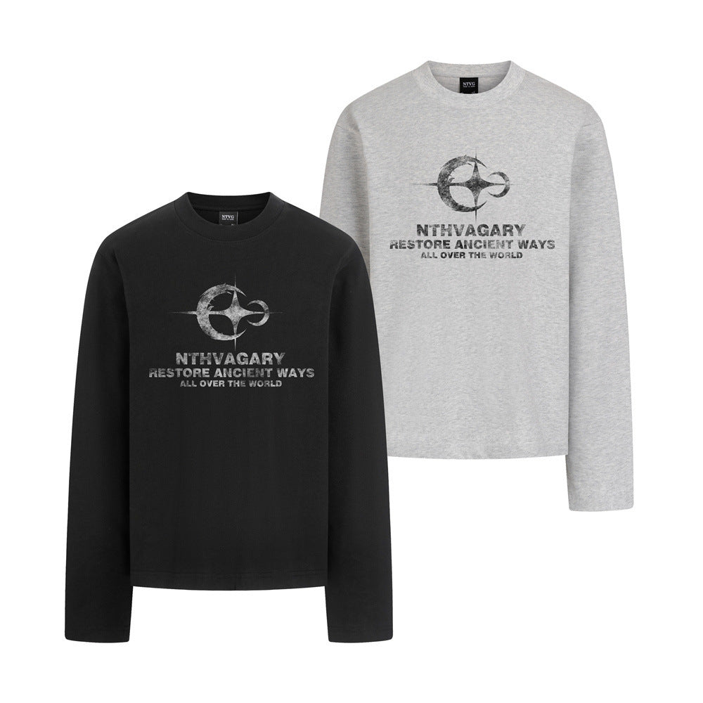 NTHVAGARY Restore Ancient Ways graphic long sleeve crew neck tee in Black and Light Heather Grey with distressed star-compass