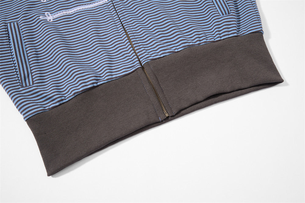 Sudadera de rayas con cremallera - Sudadera bomber corta oversize bordada para hombre