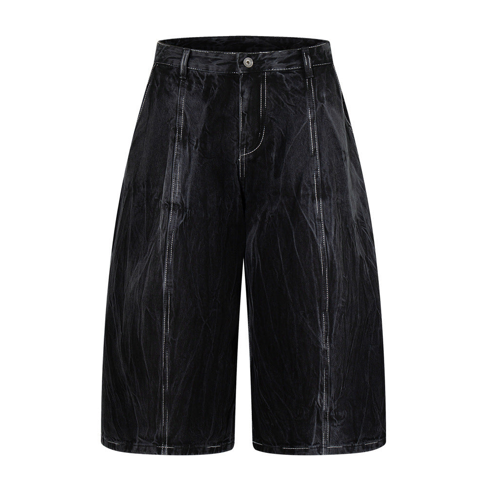 Crinkle-Washed Black Denim Shorts – Wide Leg Streetwear Fit