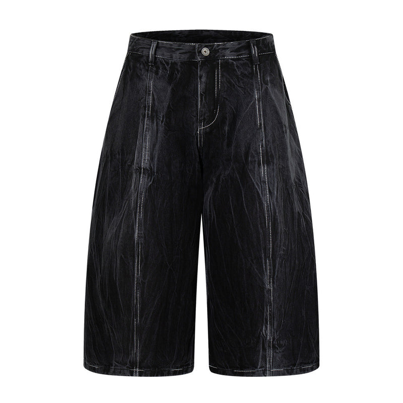 Crinkle-Washed Black Denim Shorts – Wide Leg Streetwear Fit