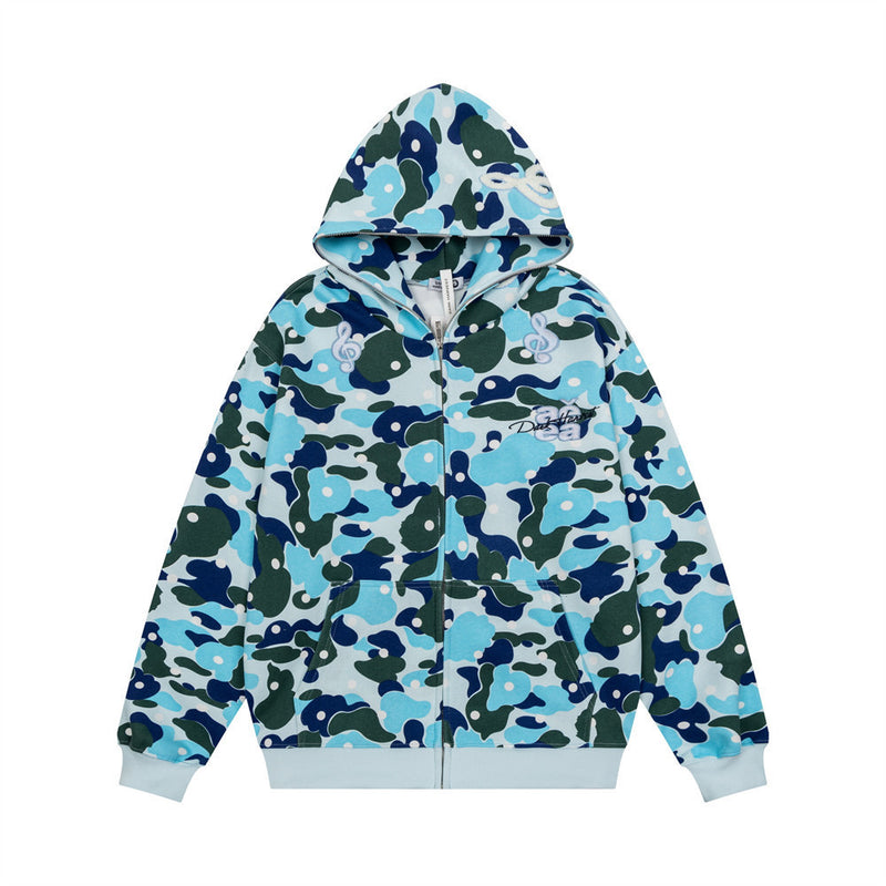 Men's Camo Zip-Up Hoodie with Music Note Embroidery – Oversized Streetwear