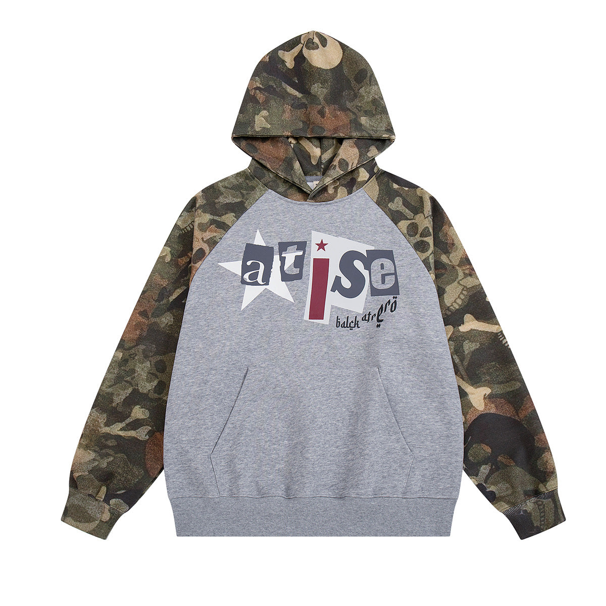 Heather grey raglan pullover hoodie with skull camouflage sleeves and hood, atise chest graphic print, front and back view