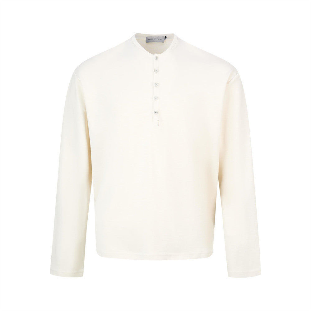 Men's long sleeve henley shirt with button placket in off-white, relaxed fit collarless design