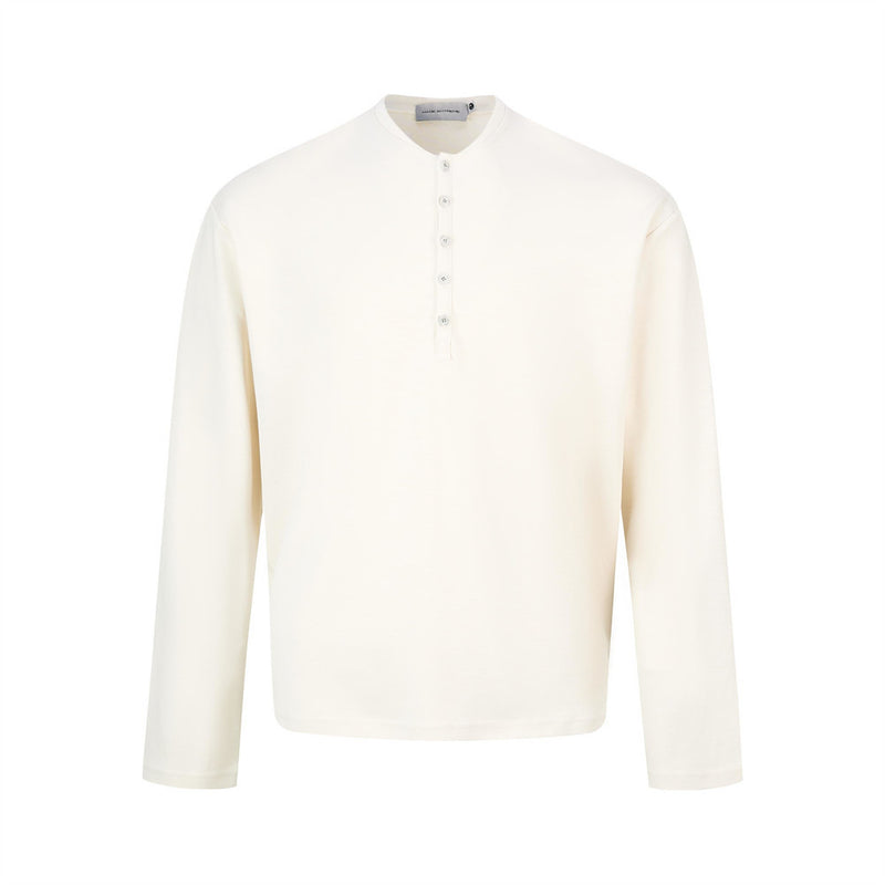 Men's long sleeve henley shirt with button placket in off-white, relaxed fit collarless design