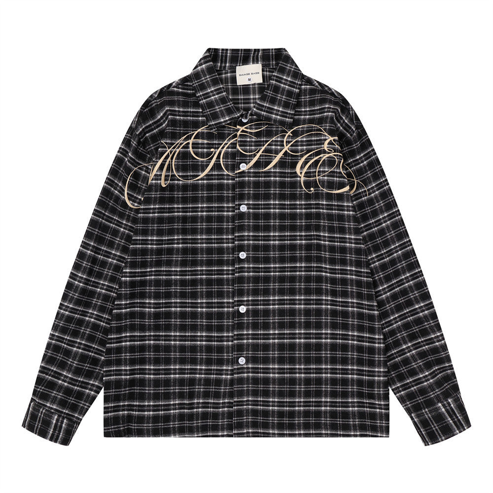 Men's Long Sleeve Plaid Shirt with Script Embroidery – Relaxed Fit