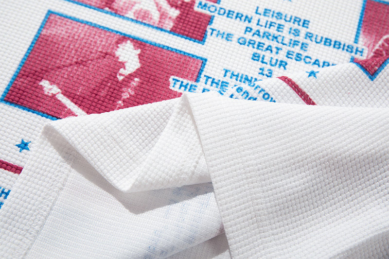 Raglan-Longsleeve – Retro-Bandgrafik, Waffelstrickärmel, Weiß &