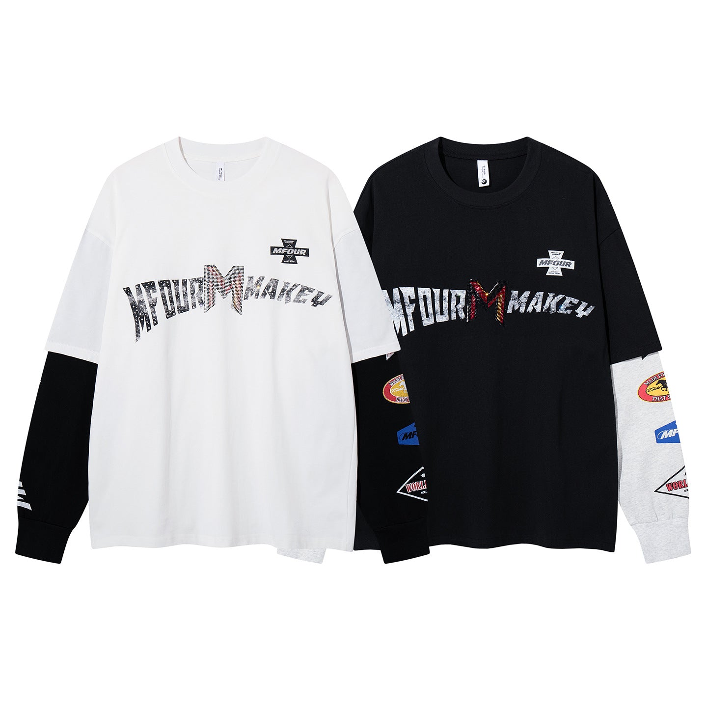 Chemise graphique à manches longues imitation superposition – Imprimé racing motocross MFOUR MAKEY