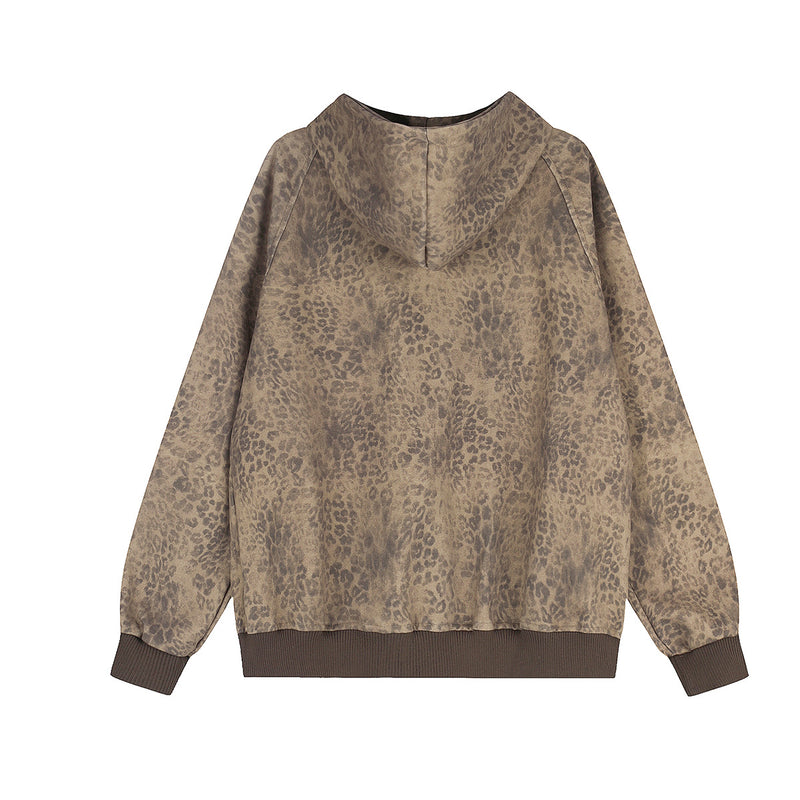 Hoodie-Jacke mit Reißverschluss, Leopardenprint und roten Seitenstreifen