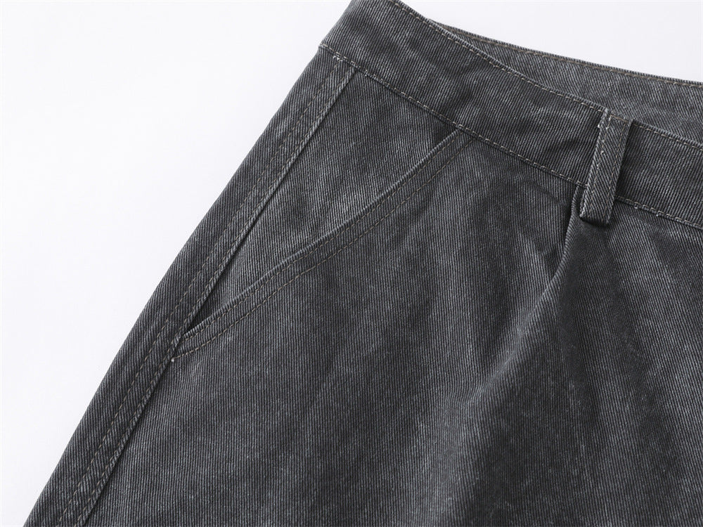 Wide-Leg Washed Denim Jeans – Relaxed High-Street Pleated Trousers