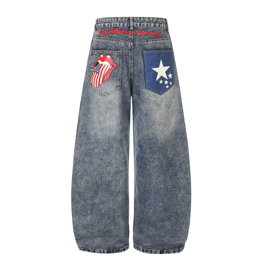Jean barrel large pour homme – Denim punk streetwear oversize avec motif au dos