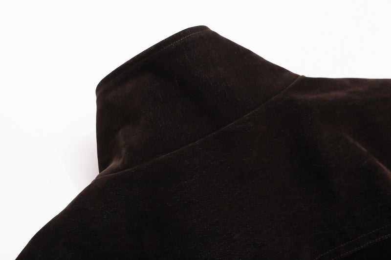 Dark Brown Suede Moto Jacket – Snap Button Stand Collar Belted Harrington