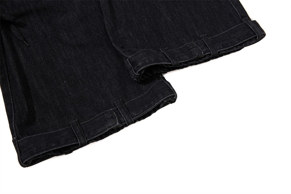 Gothic Buckle Strap Flare Jeans – Men's Washed Black Distressed Denim