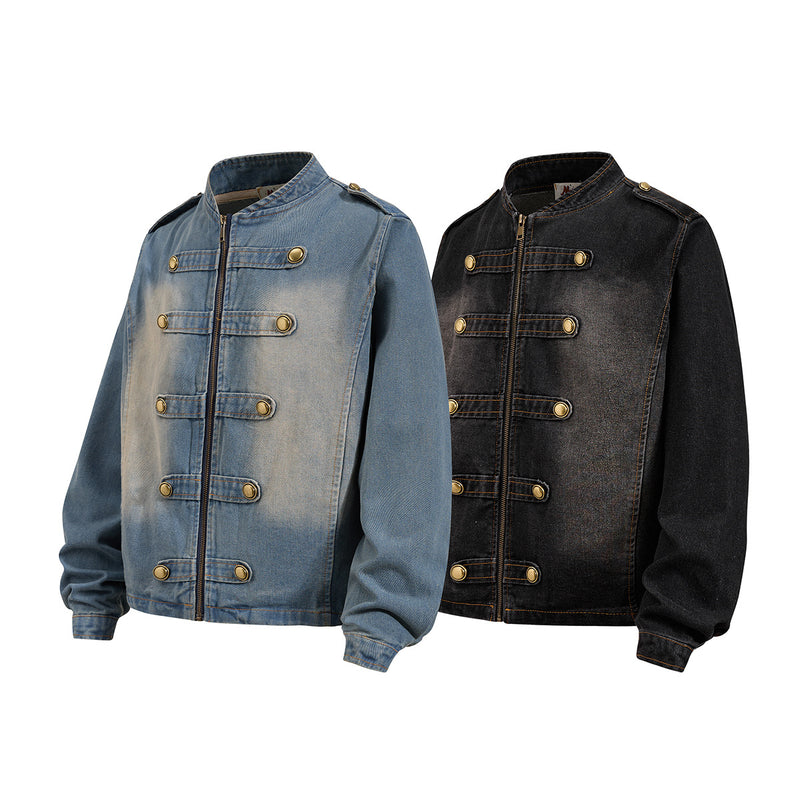 Military-Style Washed Denim Jacket – Stand Collar, Double-Breasted Button Detail