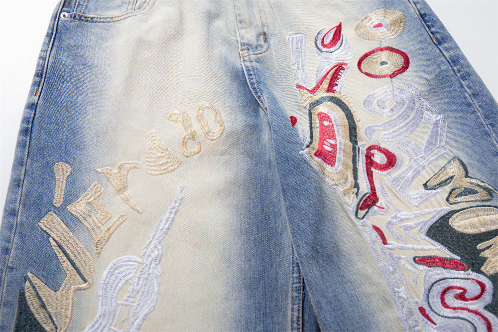 Graffiti Embroidered Wide-Leg Jeans – Punk Distressed Vintage Denim