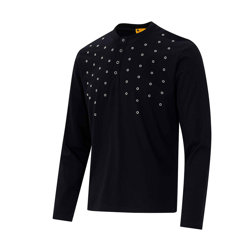 T-shirt Henley homme à manches longues avec détails à œillets – Coupe slim, style américain rétro