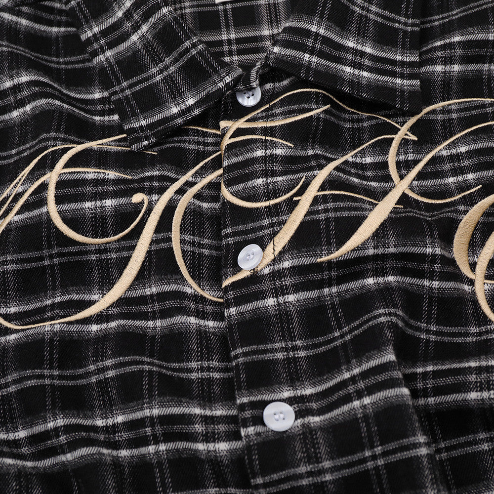 Men's Long Sleeve Plaid Shirt with Script Embroidery – Relaxed Fit
