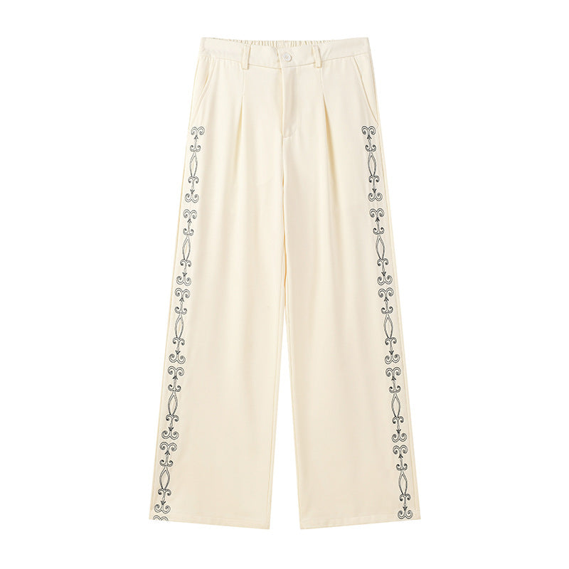 Wide Leg Dress Pants with Floral Embroidery Side Stripe