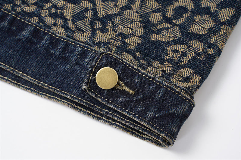 Veste en jean jacquard léopard – Trucker homme délavé à coupe décontractée