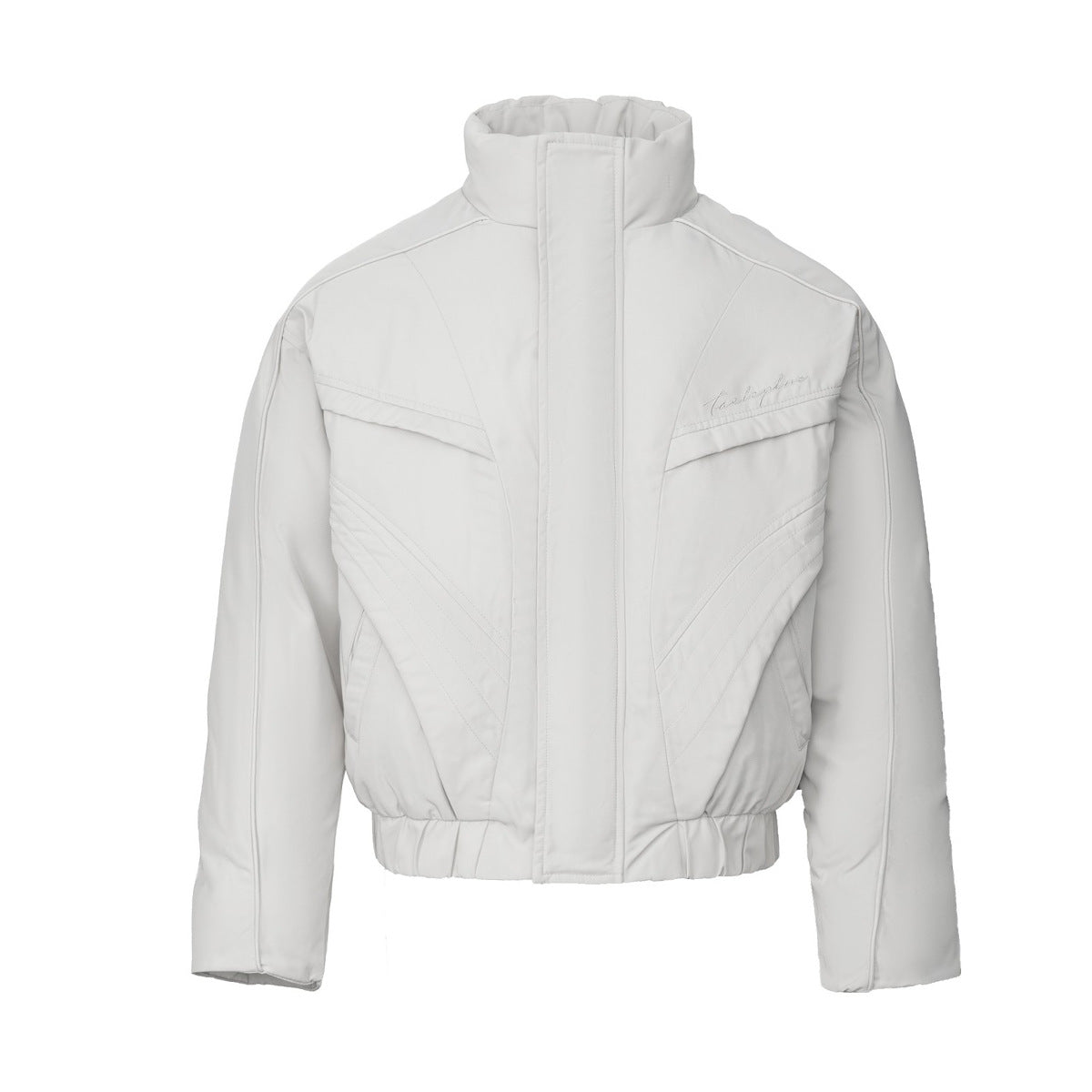 Men's Cropped Puffer Bomber Jacket – Stand Collar, Geometric Seam Detail