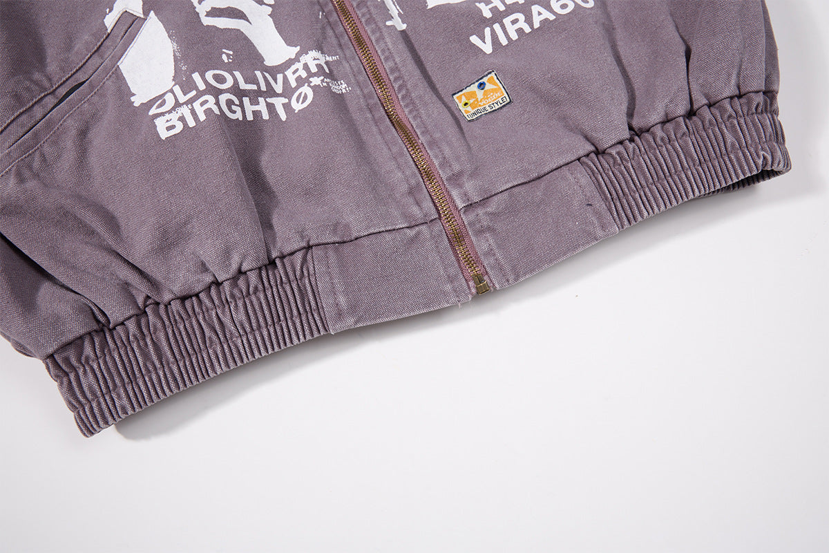 Traceback Graphic Washed Canvas Bomber Jacket with Corduroy Collar