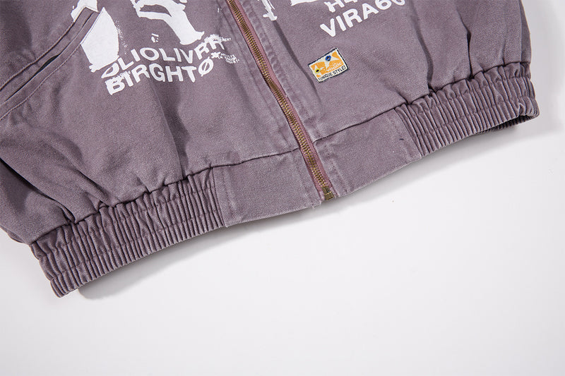 Traceback Graphic Washed Canvas Bomber Jacket with Corduroy Collar