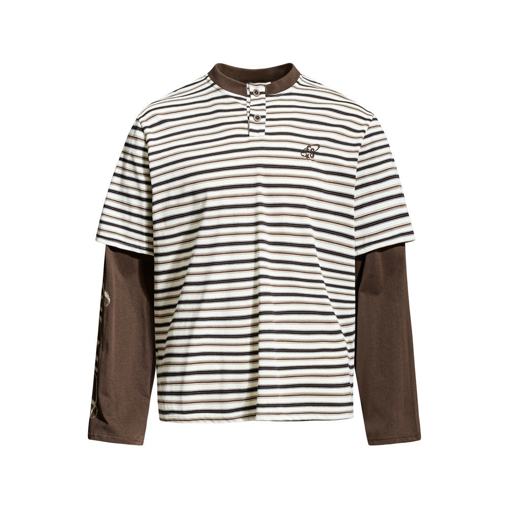 Men striped faux two-piece long sleeve Henley oversized tee in cream and brown colorway