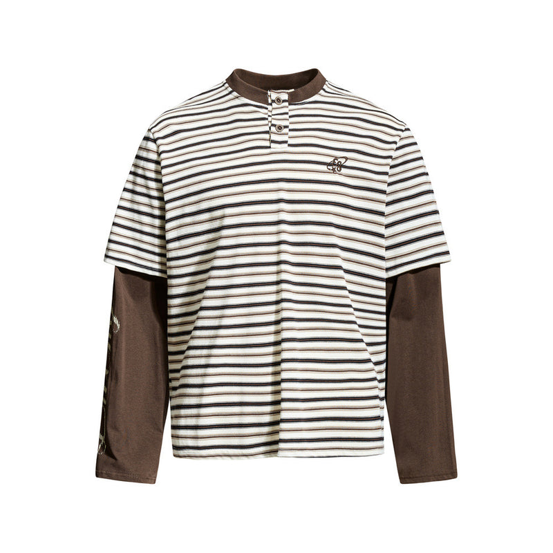 Men striped faux two-piece long sleeve Henley oversized tee in cream and brown colorway