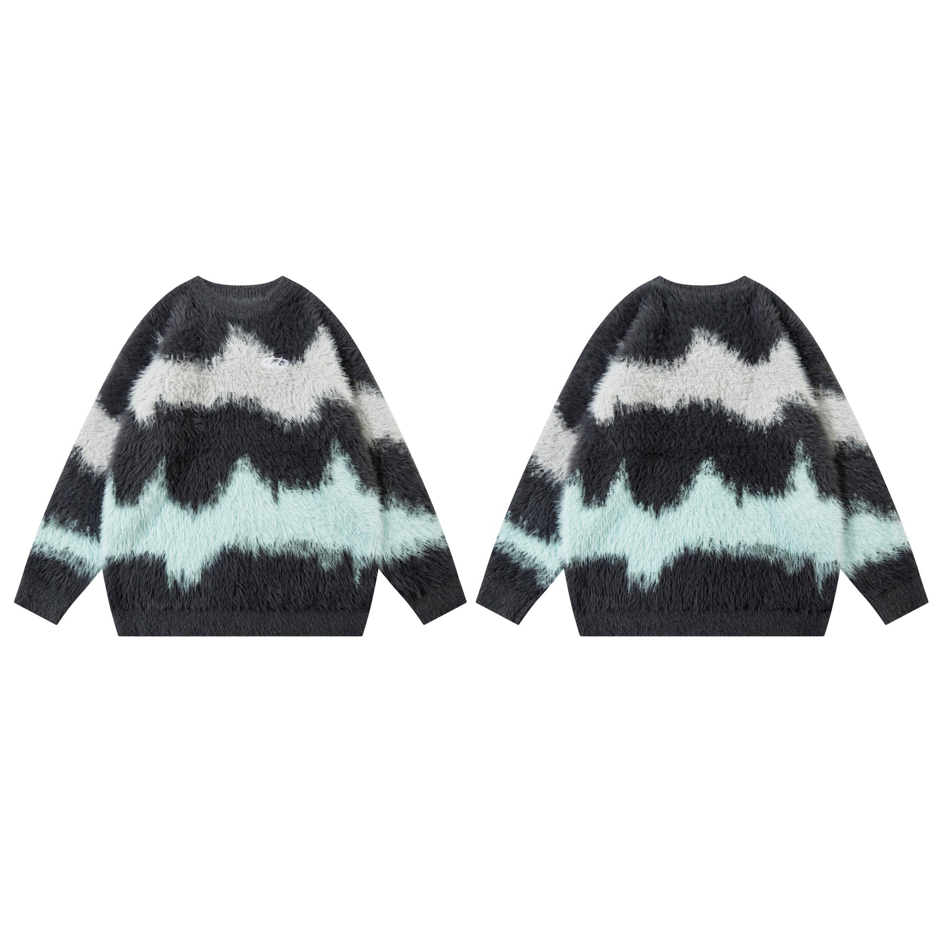 Pull en maille pelucheuse à motif vague abstrait – Modèle oversize