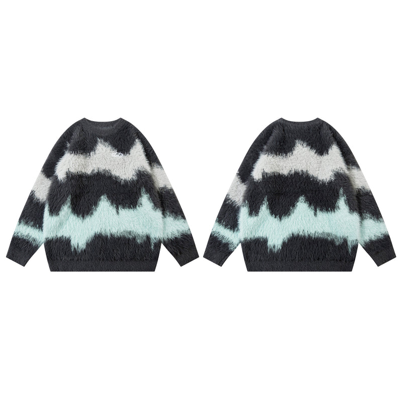 Pull en maille pelucheuse à motif vague abstrait – Modèle oversize